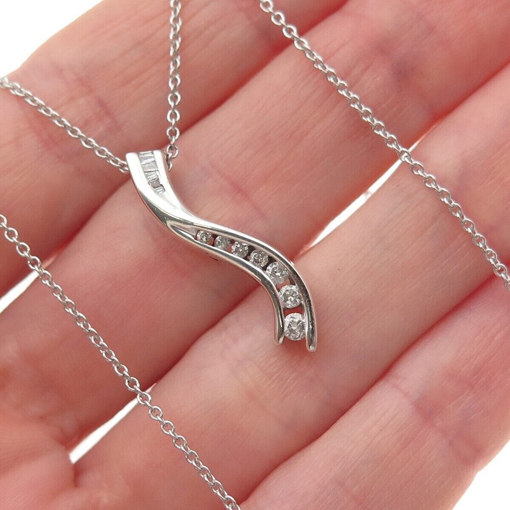 925 Sterling Silver Real Diamond Wavy Pendant Cable Chain Necklace 18"